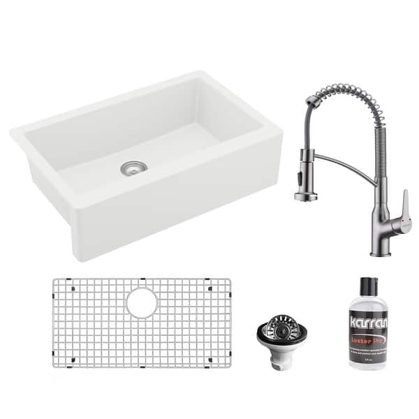 slide 2 of 9, Karran All-in-One Apron Front/Farmhouse Quartz 34-in Single Bowl Kitchen Sink in White with Faucet KKF210 in Stainless Steel