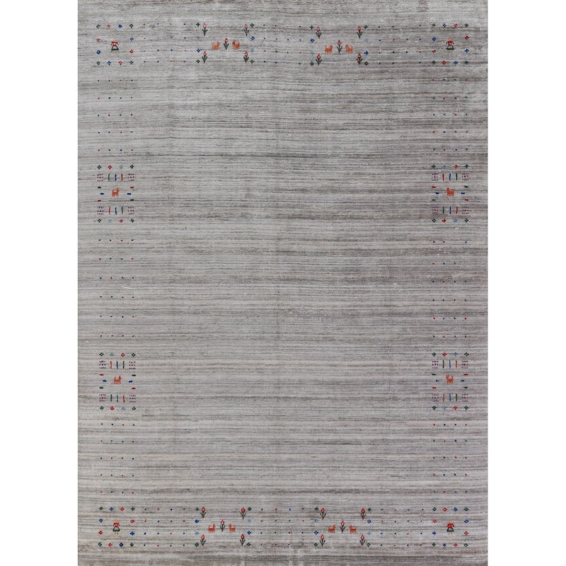Hand Knotted Oriental Viscose Silk Carpet Tribal Stripe Greys & Charcoal Gabbeh Area Rug - 9' 11'' X 7' 10''