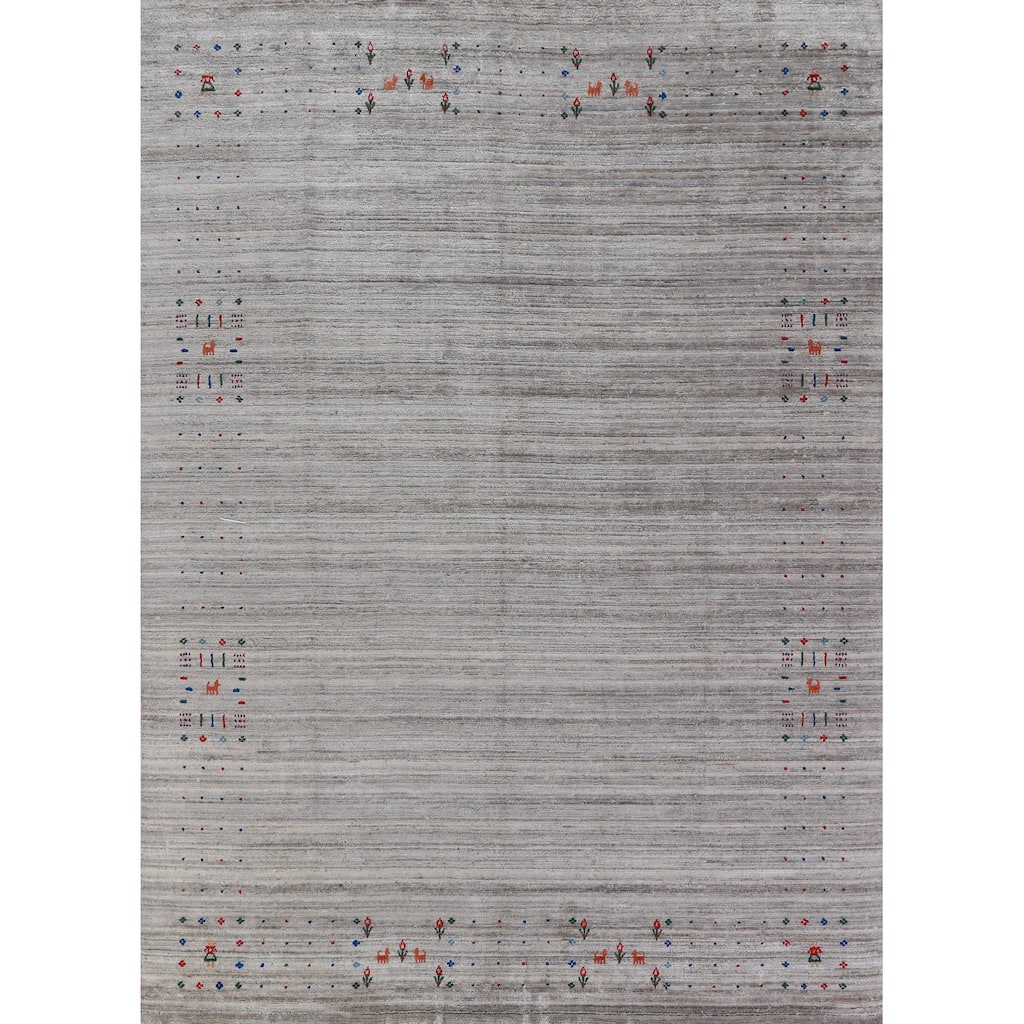 Hand Knotted Oriental Viscose Silk Carpet Tribal Stripe Greys & Charcoal Gabbeh Area Rug - 9' 11'' X 7' 10''
