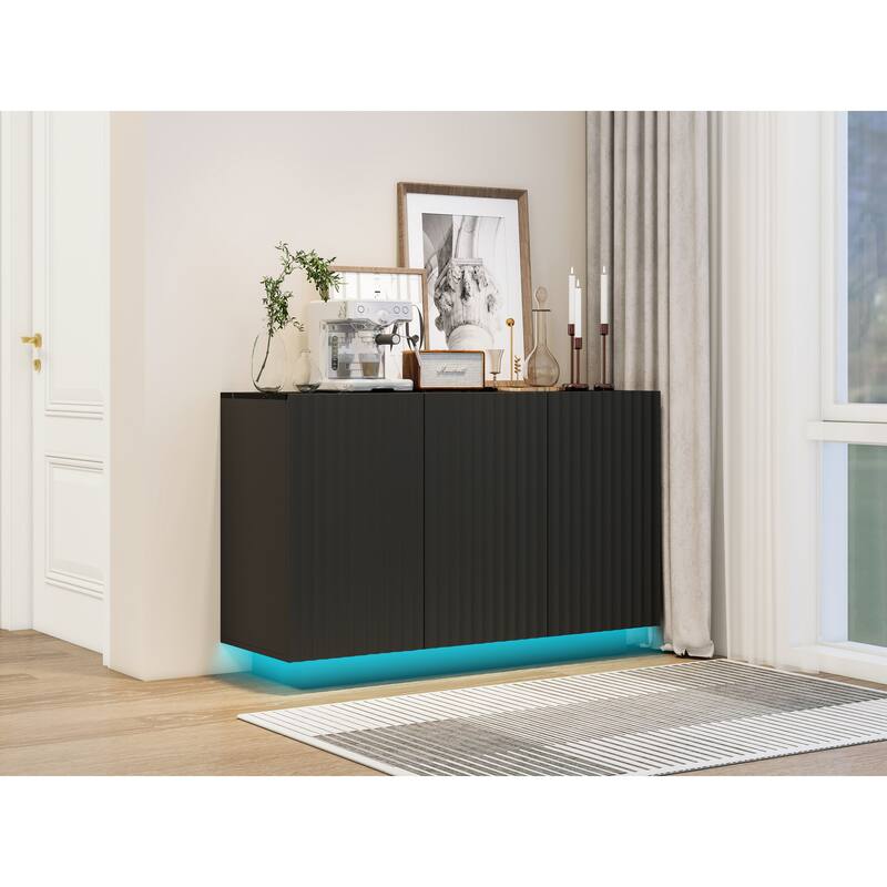 LED Carved Line 3 Door Storage Cabinet,Sideboard Buffet Cabinet With Adjustable Shelf,Large Storage Accent Cabinet