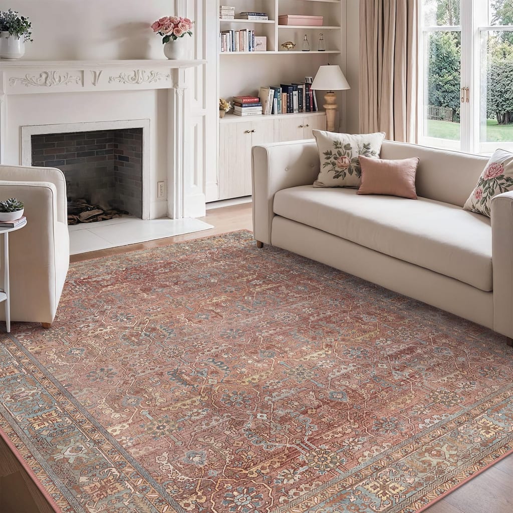 Mcow Floral Collection Machine-Washable Non-Slip Area Rug