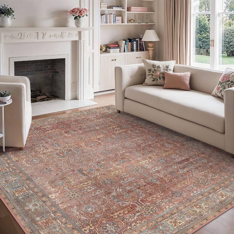 Mcow Floral Collection Machine-Washable Non-Slip Area Rug - 8' x 10' - Red - Rectangle