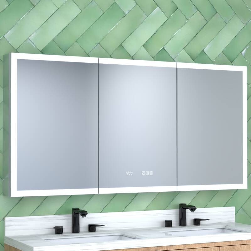 GDFStudio - Delmar Modern Aluminum LED Lighted Medicine Cabinet with Mirror Anti Fog and Digital Clock