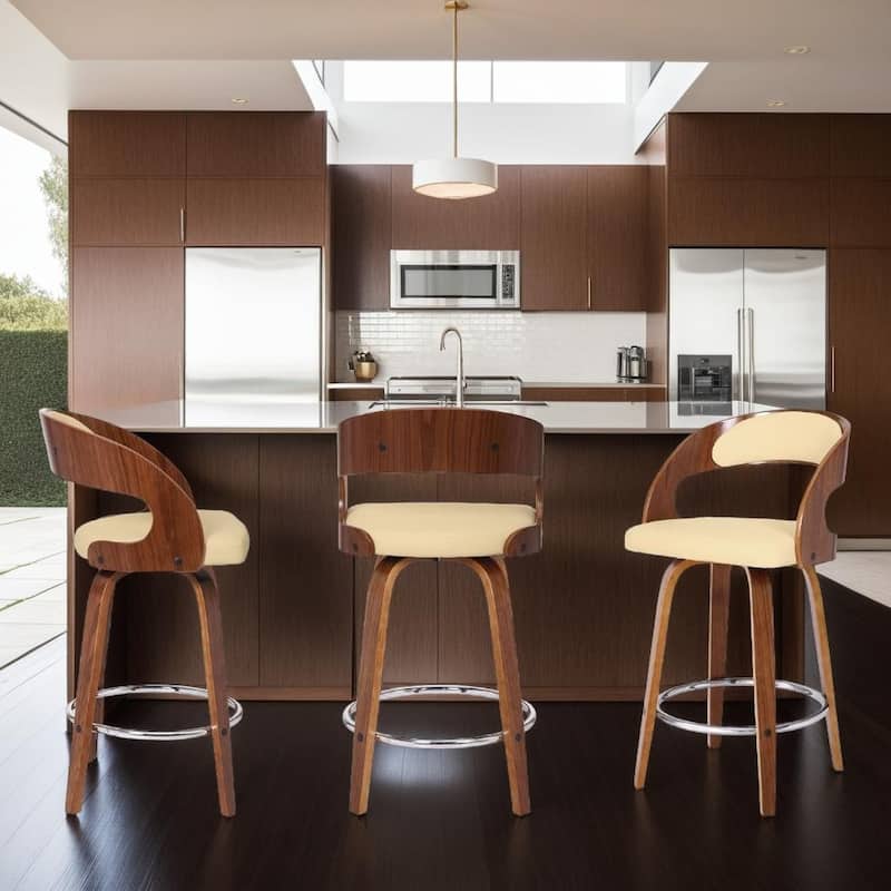 Shelly Mid-Century Swivel Bar Stool, Upholstered Counter Height Chair with Bentwood Legs - Cream & Walnut - Counter Height - Set of 3
