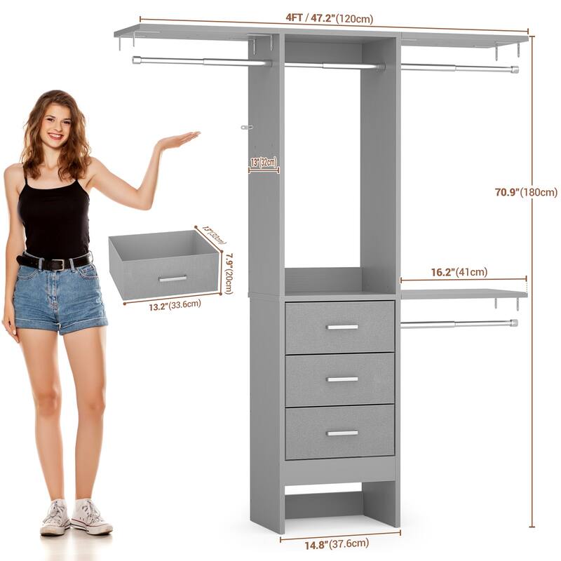 4FT Kid's Closet Syatem with Fabric Drawers for Small Closet, Closet Organizer for Walk-in/ Reach-in Closet