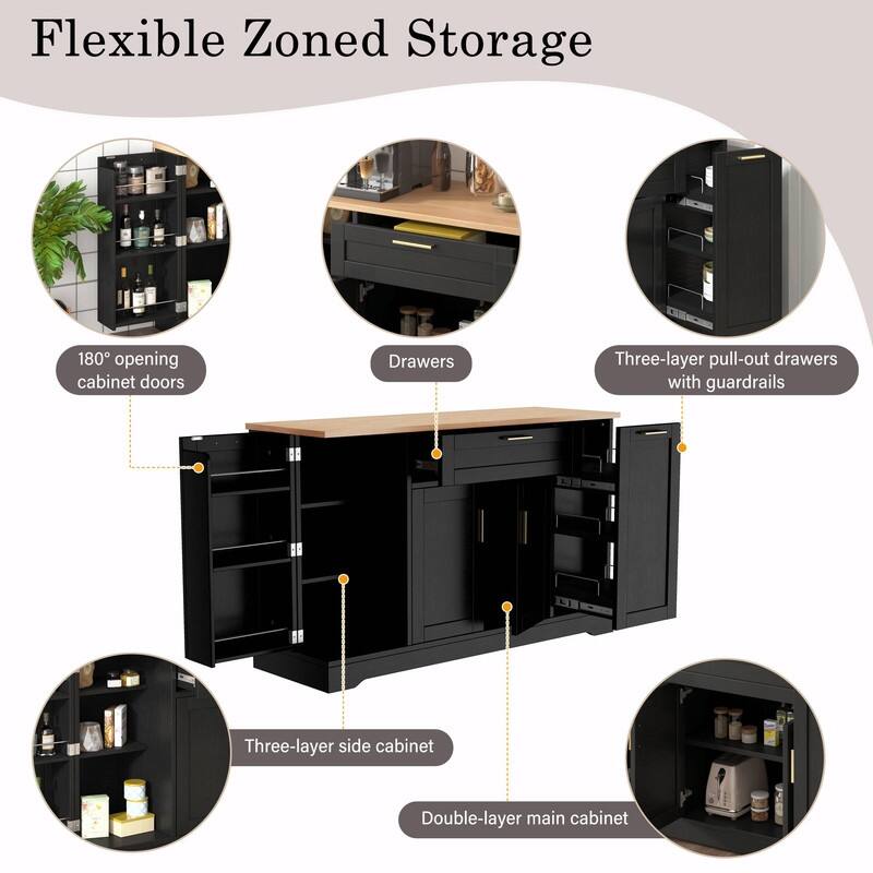 Multi-Functional Storage Sideboard & Extendable Dining Table with Adjustable Shelves, 3-Tier Pull-Out Rack