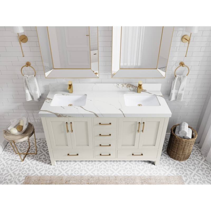Willow Collections 60 in. W x 22 in. D Malibu Double Sink Bathroom Vanity with Countertop - 2" Calacatta Gold - Finegrain