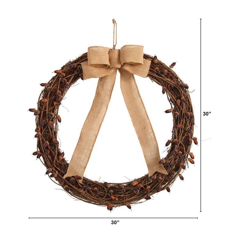 Acorn and Decorative Bow Artificial Fall Harvest Wreath, 30-Inch, Unlit