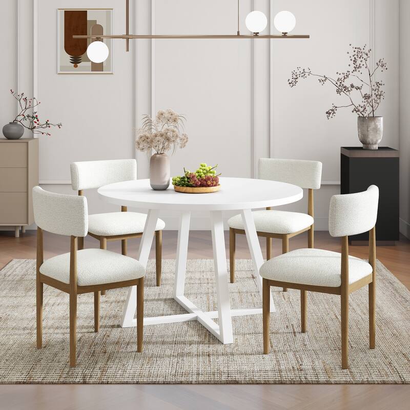 Roundhill Furniture Edo 5-Piece Dining Set, Round Table with 4 Upholstered Chairs, - White and Natural,