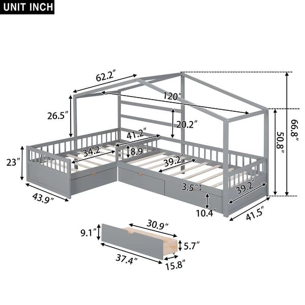 dimension image slide 0 of 2, Twin Size House Platform Bed with 3 Storage Drawers, Wooden Daybed for 2, L -Shaped Double Bedframe with Roof & Fence