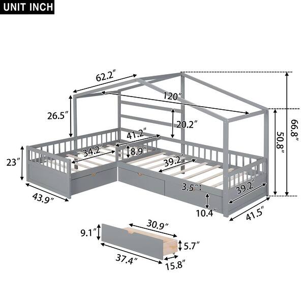 Twin Size L-Shaped House Platform Kids Bed Frame with Three Storage Drawers for SSpace-Saving and Comfort, Easy Assembly, Grey
