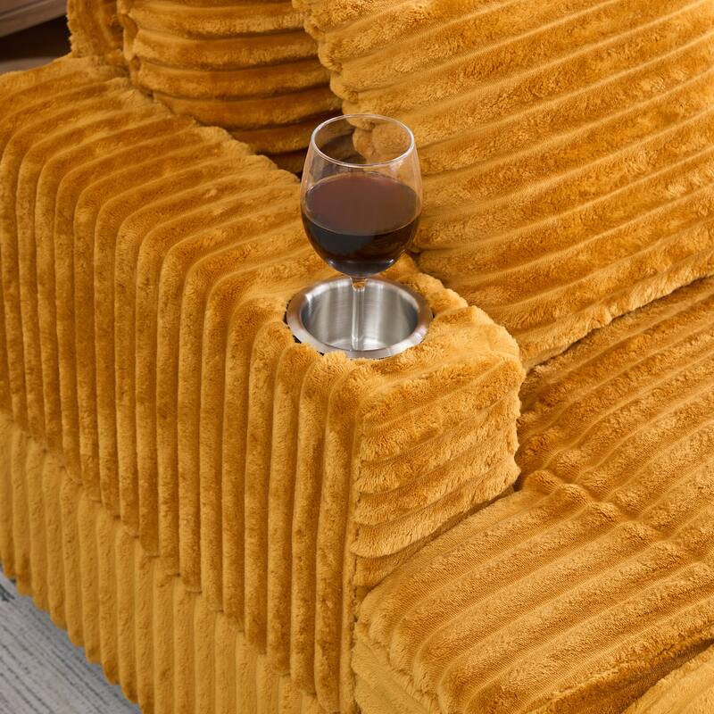 Corduroy Fabric Armchair & Ottoman Set, Upholstered Single Sofa with Cup Holder, Lounge Chair with Square Armrests