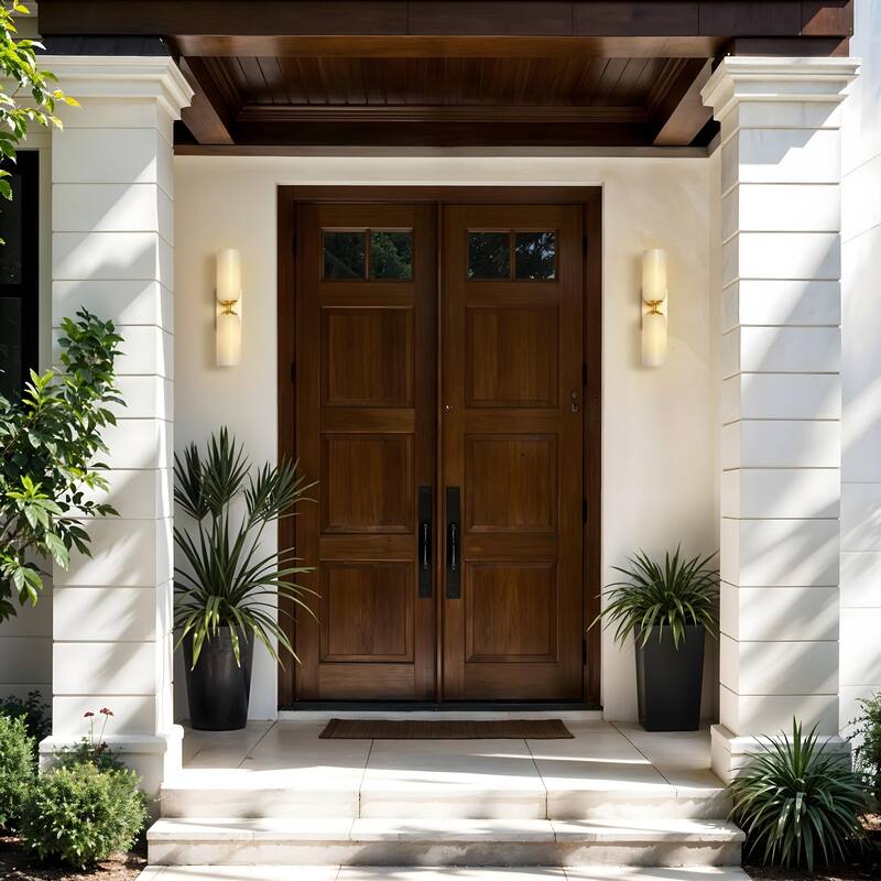 Glass Double Wall Sconce - Metal, Glass Matte Black, Ivory 2-Light Sconce for Bathroom or Entryway in Modern, Mid-Century Style