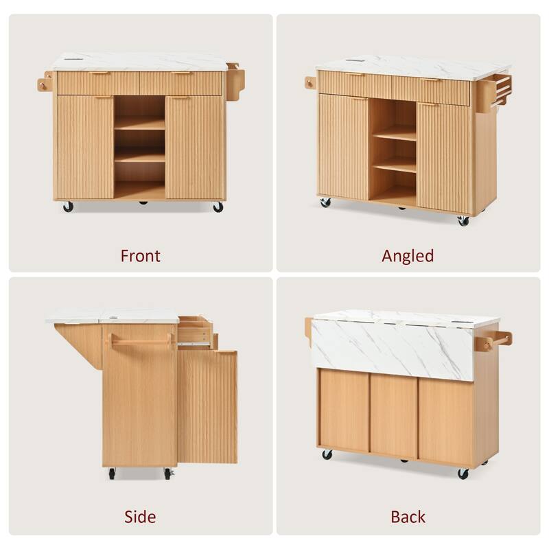 Kitchen Island with Drop Leaf & Power Outlet, Fluted Island Table on Lockable Wheels, Kitchen Cart with Adjustable Shelves