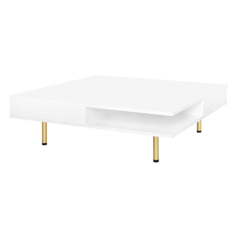 Stylish High Gloss Coffee Table 2 Tier Square Center Table with 4 Gold Legs and 2 Small Drawers, for Living Room