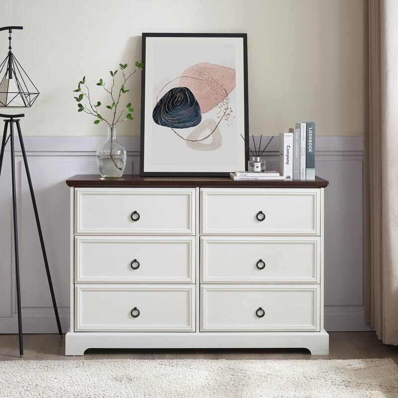 Bedroom Double Dresser, Multi-functiona Wood Storage Cabinet, Accent Cabinet with 6 Storage Drawers and Metal Handles