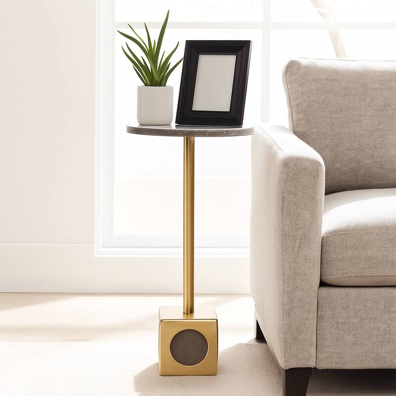 Stone Surface End Table with Cube Base - 24", White & Gold - 24.0"
