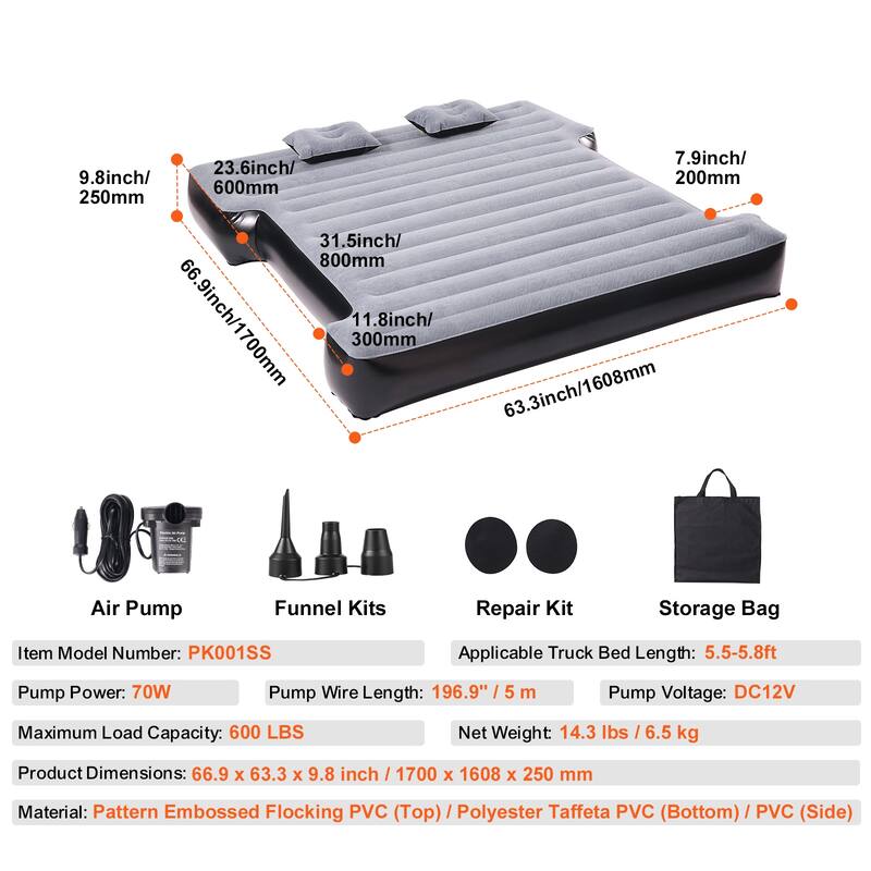 Truck Bed Air Mattress, for 5.5-5.8 ft Full Size Short Truck Beds, Inflatable Air Mattress Camping Bed with 12V Air Pump