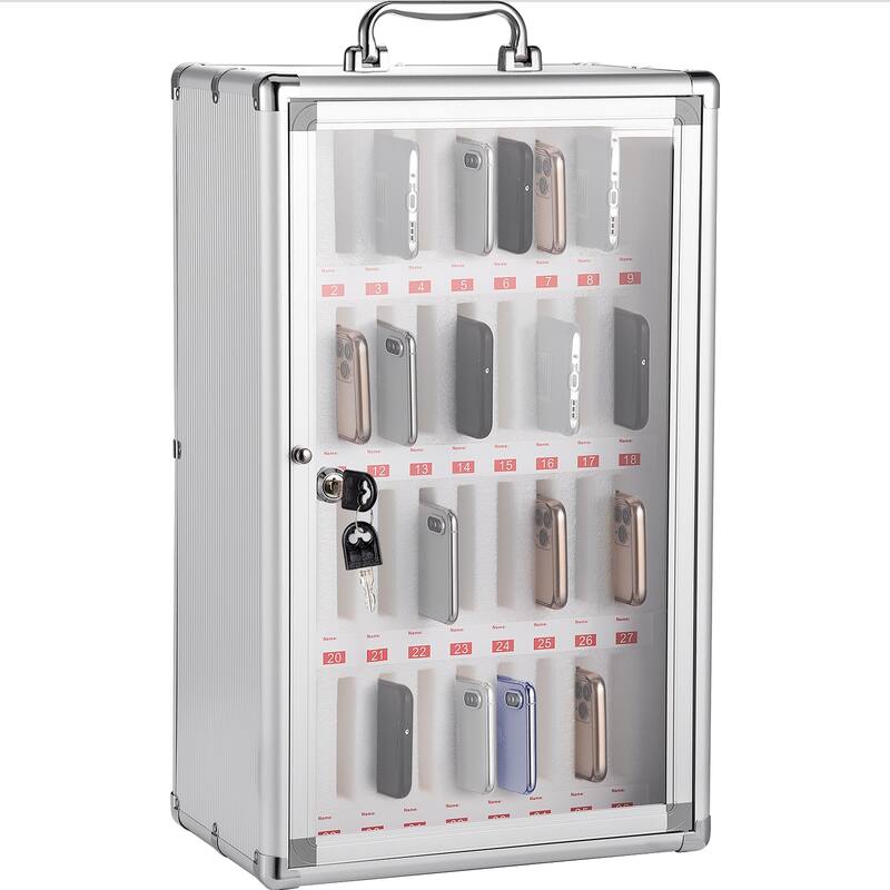 36 Slots Cell Phone Cabinet Silver Aluminum Alloy Pocket Chart Storage Locker Box with Portable Handle, Key Lock - Silver