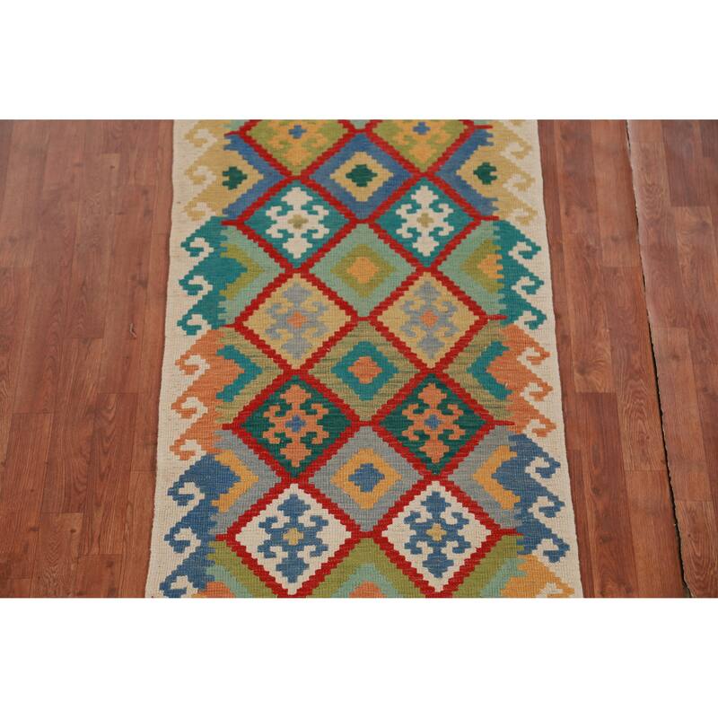 Hand Woven Oriental 100% Wool Carpet Southwestern Geometric Multi-Colored Kilim Runner Rug - 16' 2'' X 2' 9''