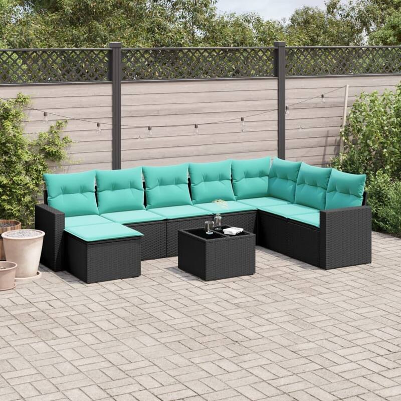 vidaXL 8/9 Piece Patio Sofa Set with Cushions Black Poly Rattan - 24.4" x 24.4" x 27.2" - Black and blue-With table