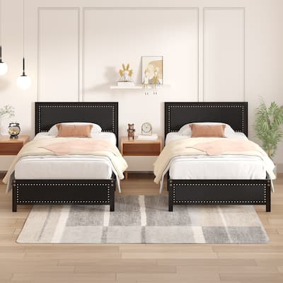 2 Pack Twin Upholstered Bed Set 40" Wide Bed with Nailhead Trim 12.6" Underbed Space & Padded Headboard Footboard