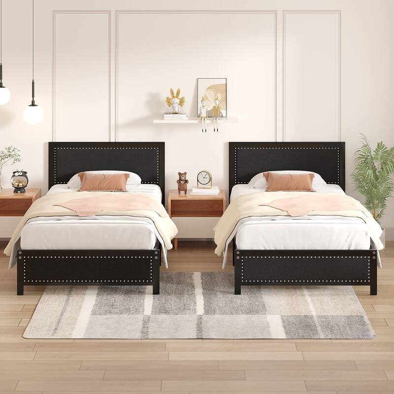 Metal Bed Frame with Linen Upholstered Nailhead Headboard, Platform Bed with 12.6" Under Bed Storage, No Box Spring Needed