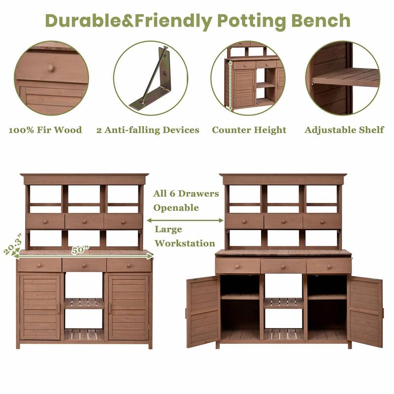 65.7'' Tall Garden Potting Bench - Patio Workstation with Hutch, 3 Shelves, 6 Drawers, 2 Cabinets & Side Hooks