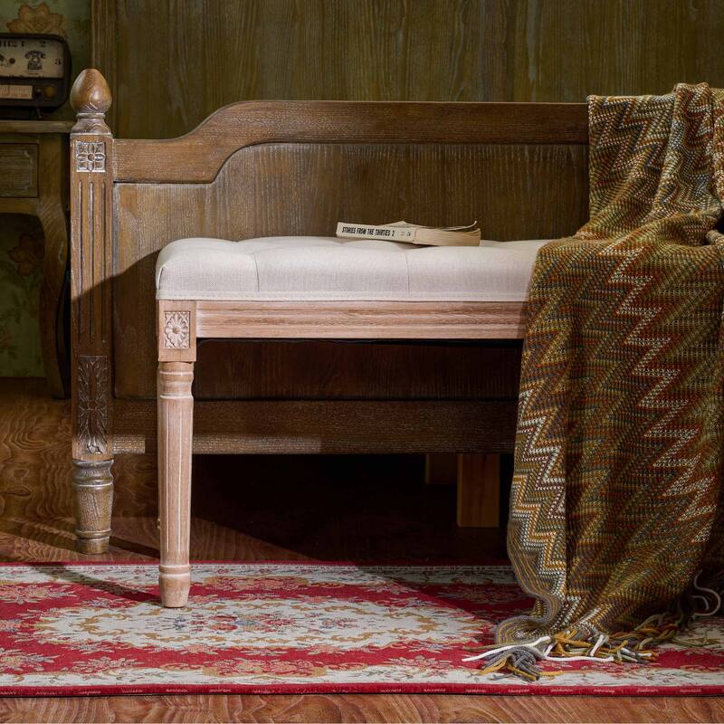 CO-Z Extra Long French Vintage Upholstered Bench w Carved Wood Frame