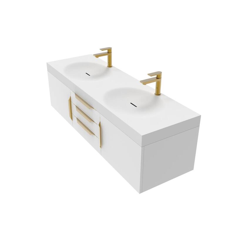 Thames 60" Shallow Basin Wall Mounted Bathroom Vanity Set w/ White Top