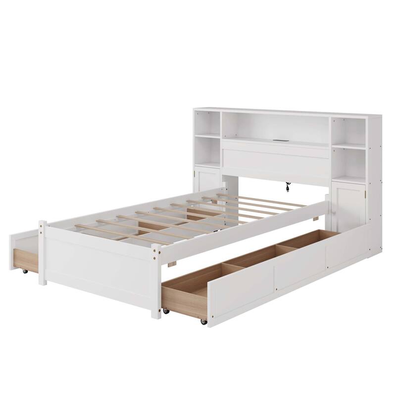 Storage Bed with Tall Bookcase Headboard, 6 Drawers & Charging Station