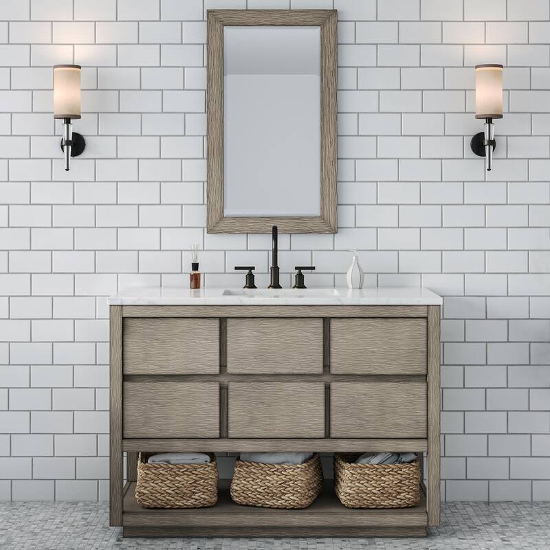 Oakman Carrara White Marble Countertop Bath Vanity in Grey Oak