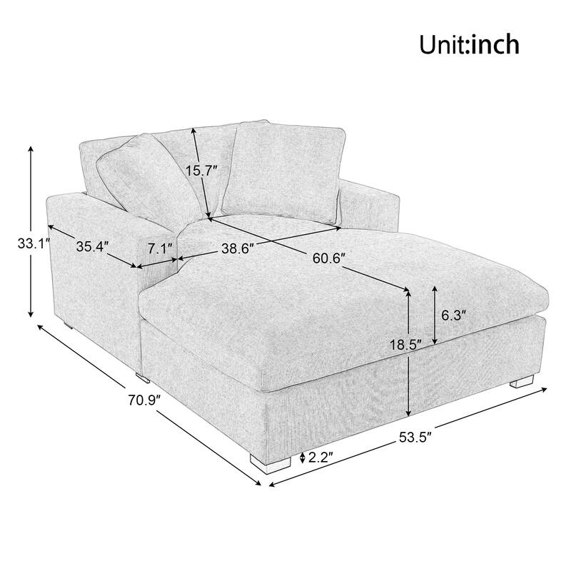Gray Modern 53.5" Chaise Lounge Chair with Solid Wood Legs and Pillows for Living Room