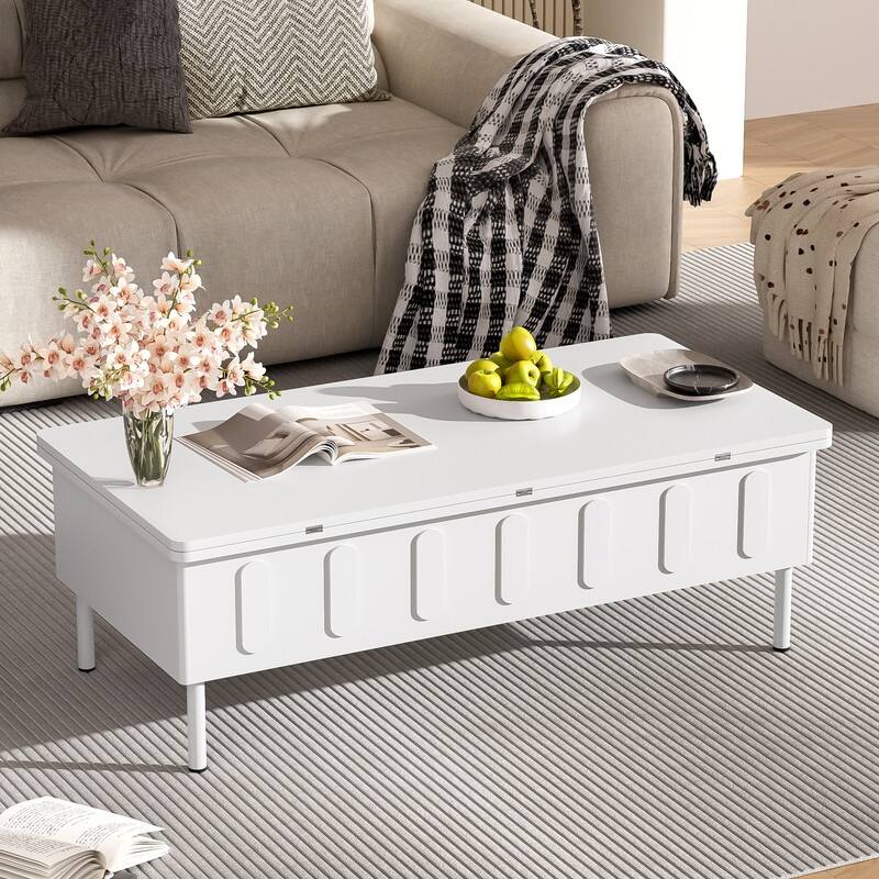 Lift-Top Coffee Table with 2 Drawers, Modern Space Saving Center Table with Foldable Top - White