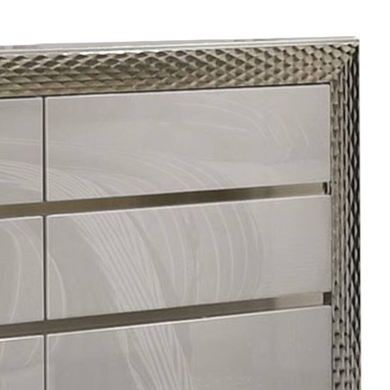 Vino 6 Drawer Wide Dresser, Gray Solid Wood, Silver Molding