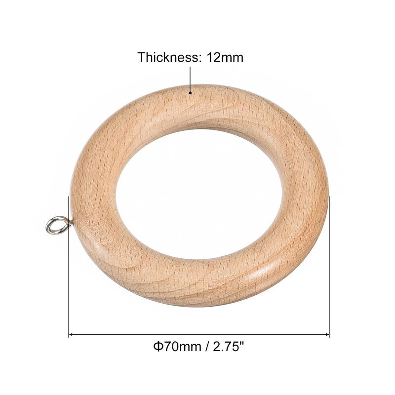 6Pcs 2.75" Wooden Curtain Drapery Rings Hook for Curtain Drapery Rod - Natural - 70mm x 12mm