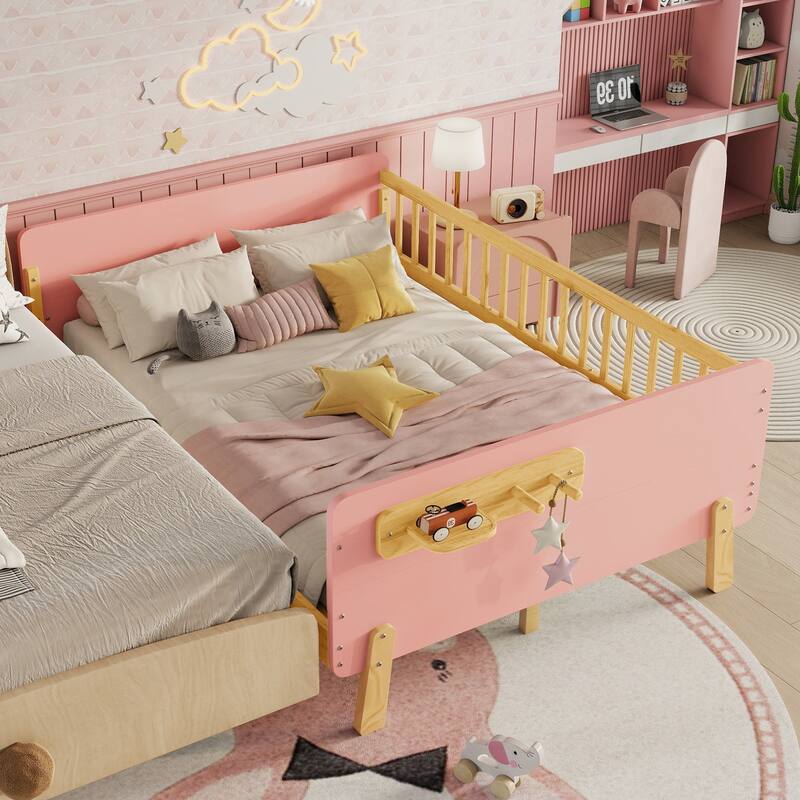 Kids Wood Platform Bed with Guardrails, Bottle Holder and 2 Hanging Rod, Convertible Toddler Daybed, Low Profile Design Frame - Pink - Full