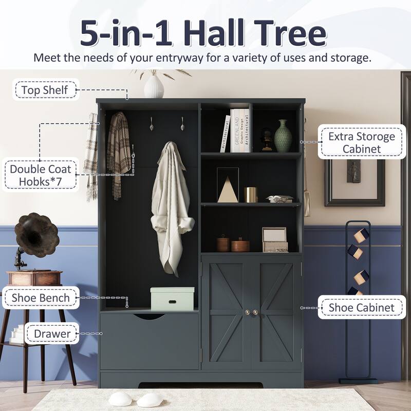 Multi-functional Hall Tree with Bench and Shoe Storage,Entryway Hall Tree with Coat Rack