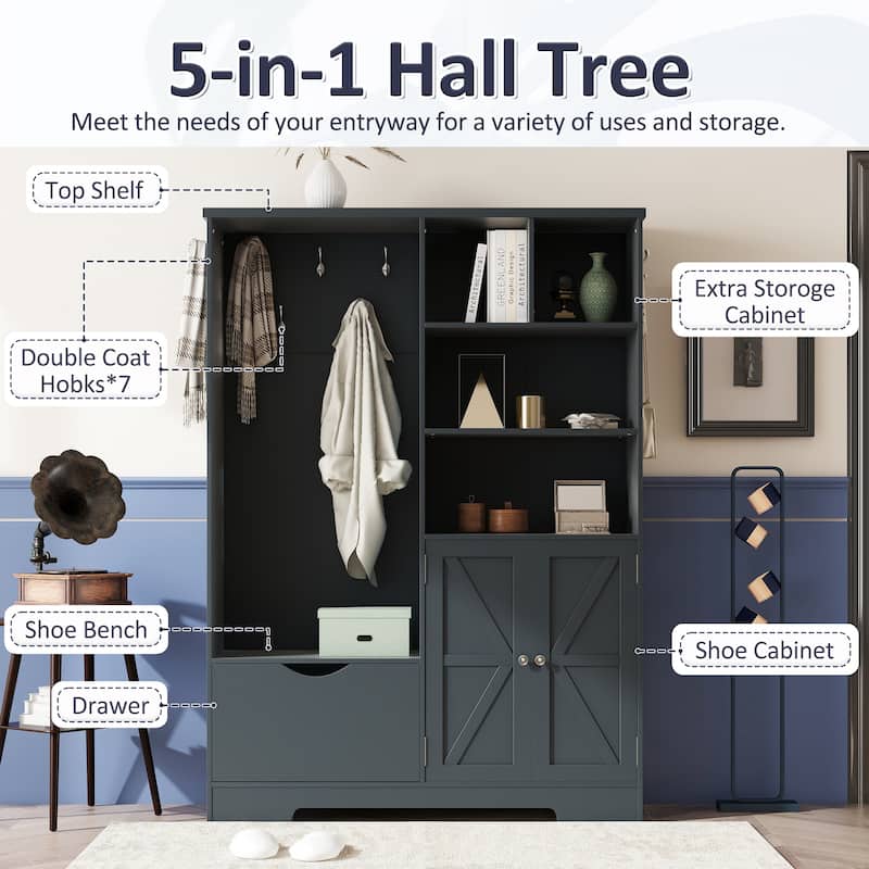 Multi-functional Hall Tree with Storage Shelves Drawers and Cabinet, Elegant Hallway Shoe Cabinet with Bench, Modern Coat Rack