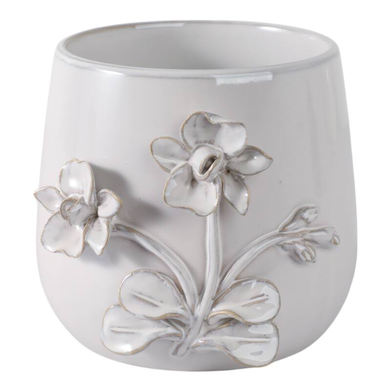 Decorative Ceramic Flower Planter with Flower Applique - Ivory