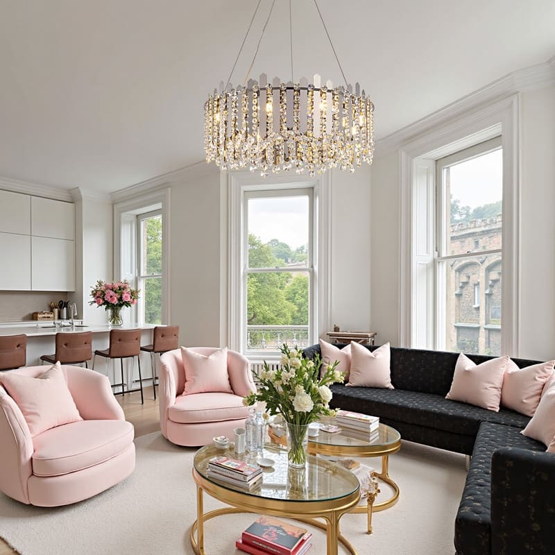 24" Chrome Modern Luxury Crystal Chandelier Adjustable Height Drum Light Fixture for Dining Room