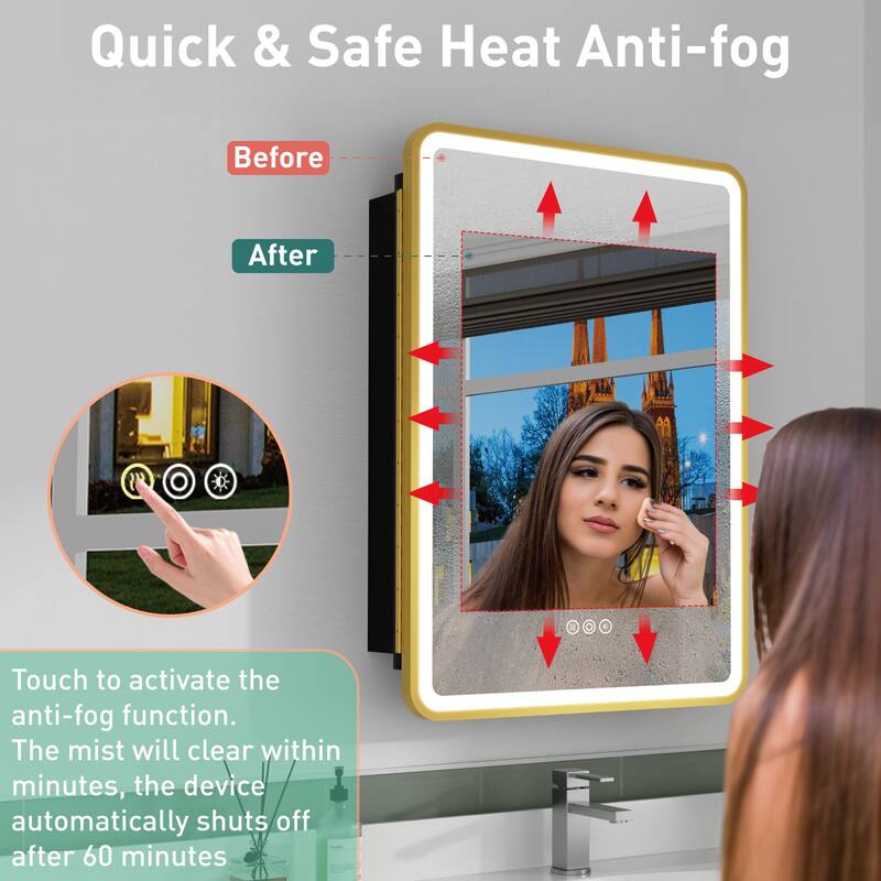 Milo LED Iron Medicine Cabinet with Mirror, Dimmable, Anti-fog, Adjustable Glass Shelves, Recessed or Surface Mount