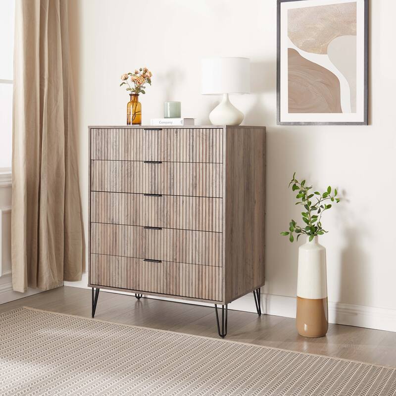 Manhattan Comfort Dumbo Modern 5-Drawer Tall Dresser. - Rustic Grey