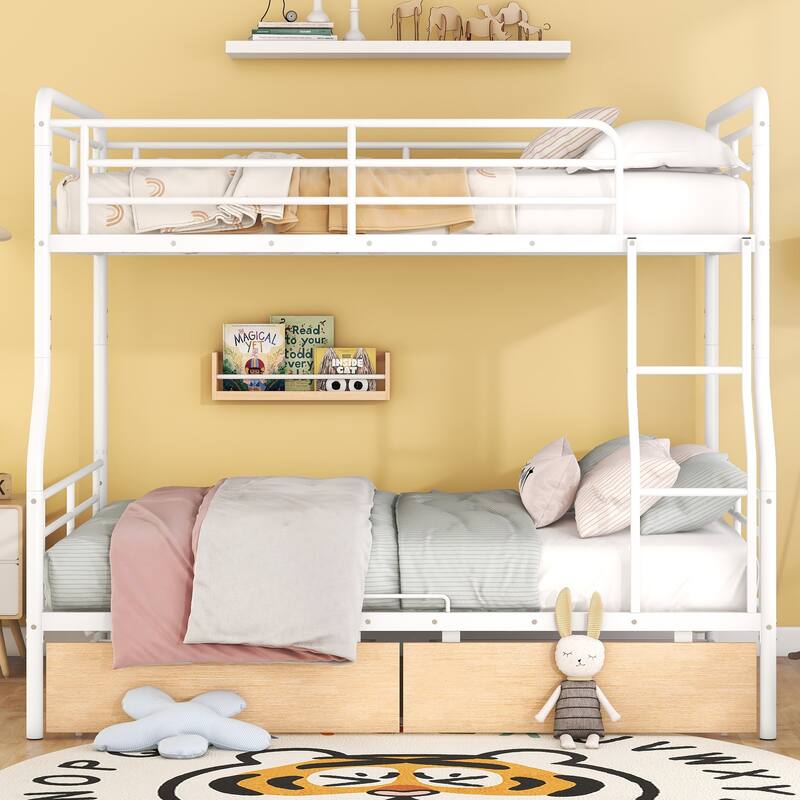 White Full XL Over Queen Metal Bunk Bed with 2 Drawers, Sturdy Iron Frame, Space-Saving Design