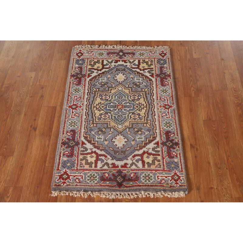 Gray Geometric Heriz Serapi Indian Rug Hand-Knotted Wool Carpet - 2'0"x 3'0"
