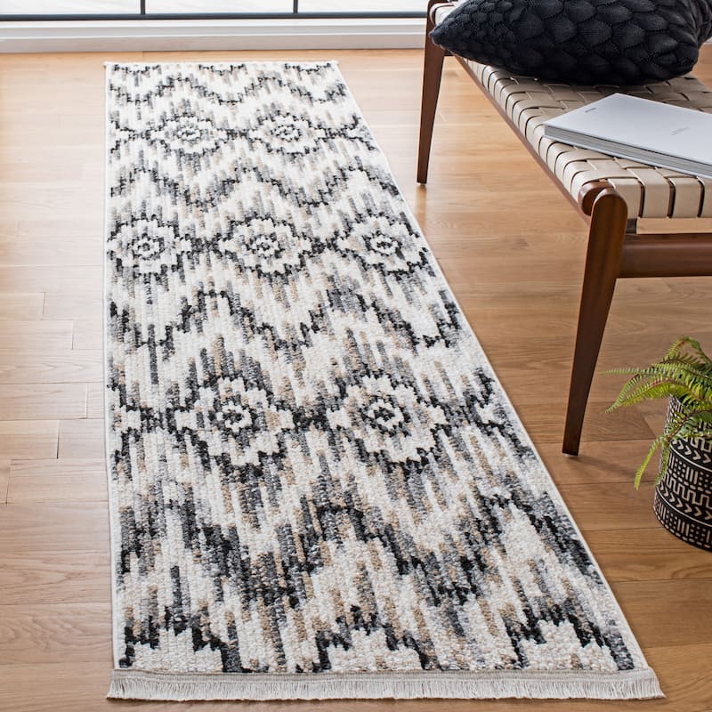 SAFAVIEH Sedona Ena Boho Tribal Fringe Rug - 2'4" x 9' Runner - Dark Grey/Ivory