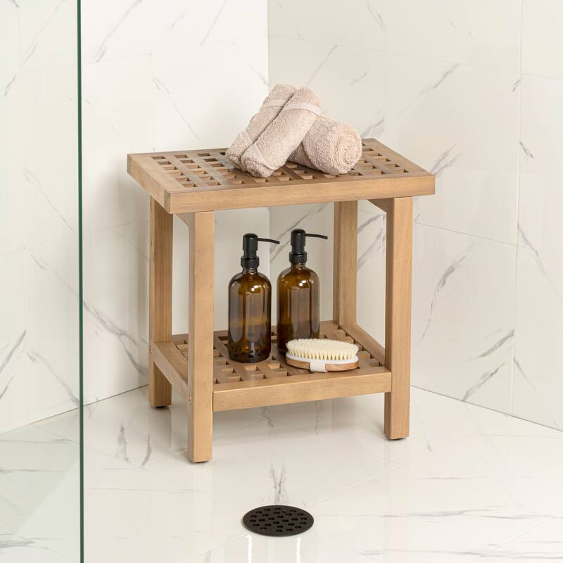 Armin 18.1" Classic Grid Slat Solid Acacia Wood Indoor/Outdoor Shower Stool, By JONATHAN Y - 18.1L x 11.81W x 17.72H