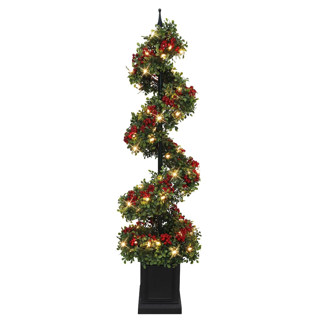 Puleo International 4' Pre-Lit Artificial Potted Swirl Tree Adorned with Red Berries