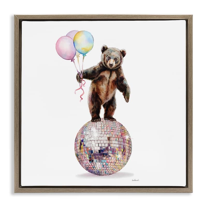 Stupell Bear & Balloons Disco Framed Floater Canvas Wall Art Design By Amanda Greenwood - 25 x 25 - Brown