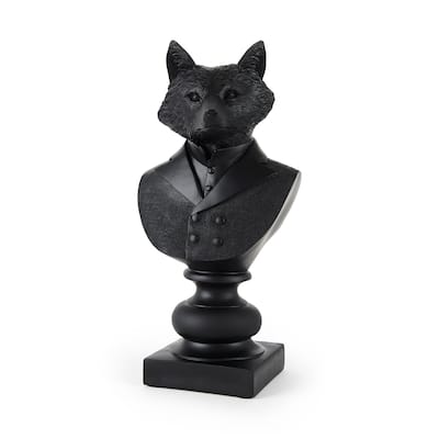 Black Resin Suited Fox Bust Sculpture - 5" W x 6" D x 13" H